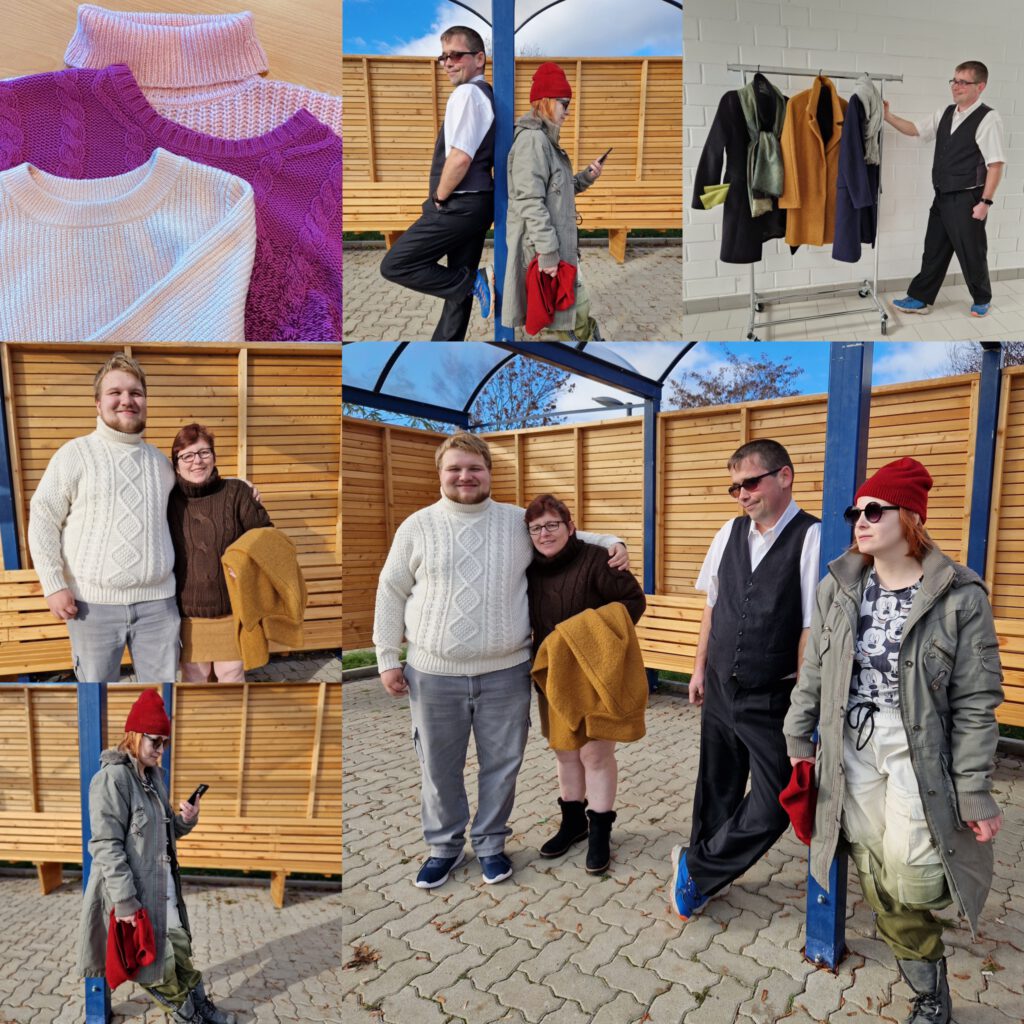 Frauen und Männer präsentieren Kleidung, die beim Kleiderkreisel verkauft wird