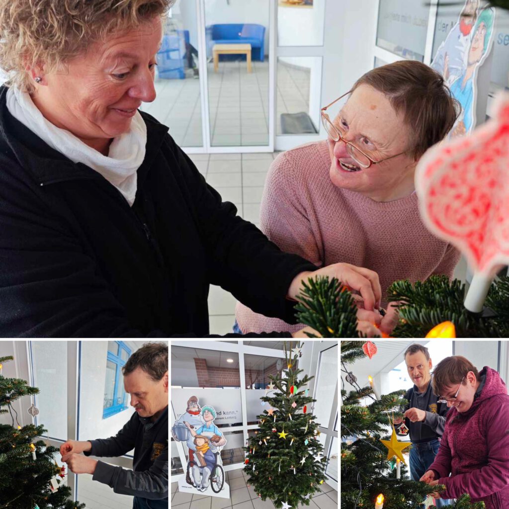 Die Fachkraft und Leistungsberechtigte aus dem Förderbereich schmücken den Weihnachtsbaum
