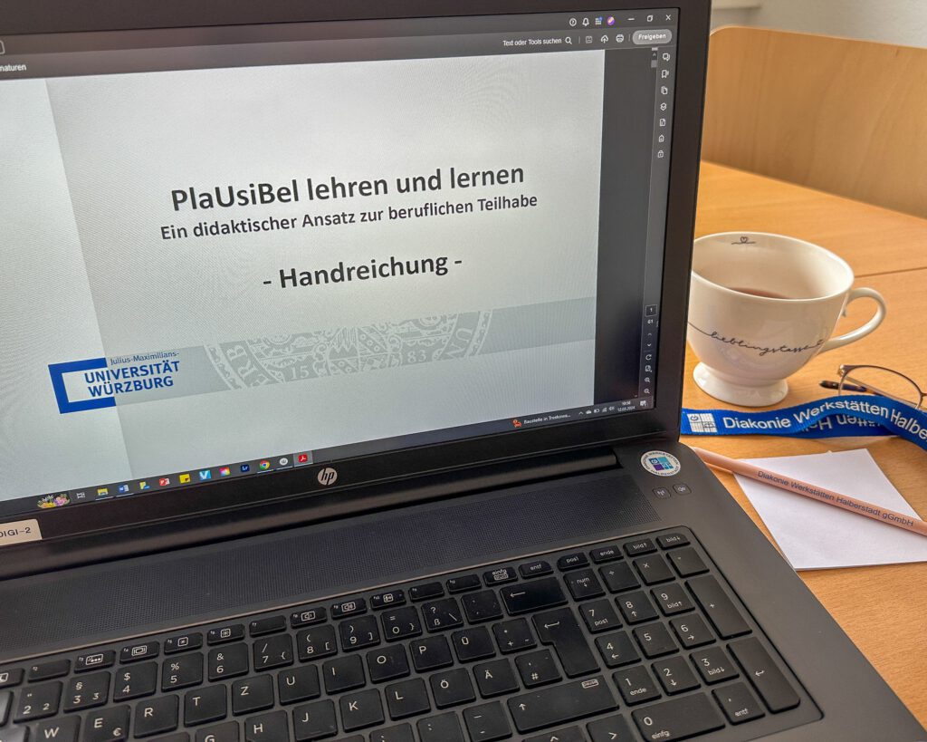 ein Laptop, auf dem Bildschirm sieht man die Handreichung PlaUsiBel